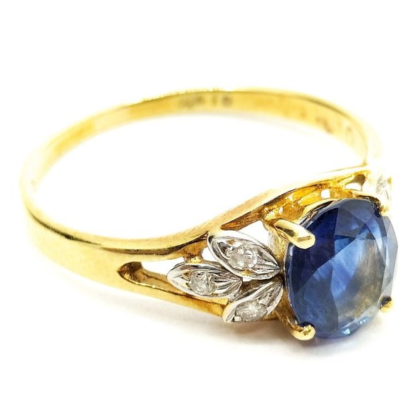 Genuine VTG 1 ct Sapphire Stone + Diamond Genuine 18k Yellow Gold Ring US Sz 7.5 - Picture 2 of 9